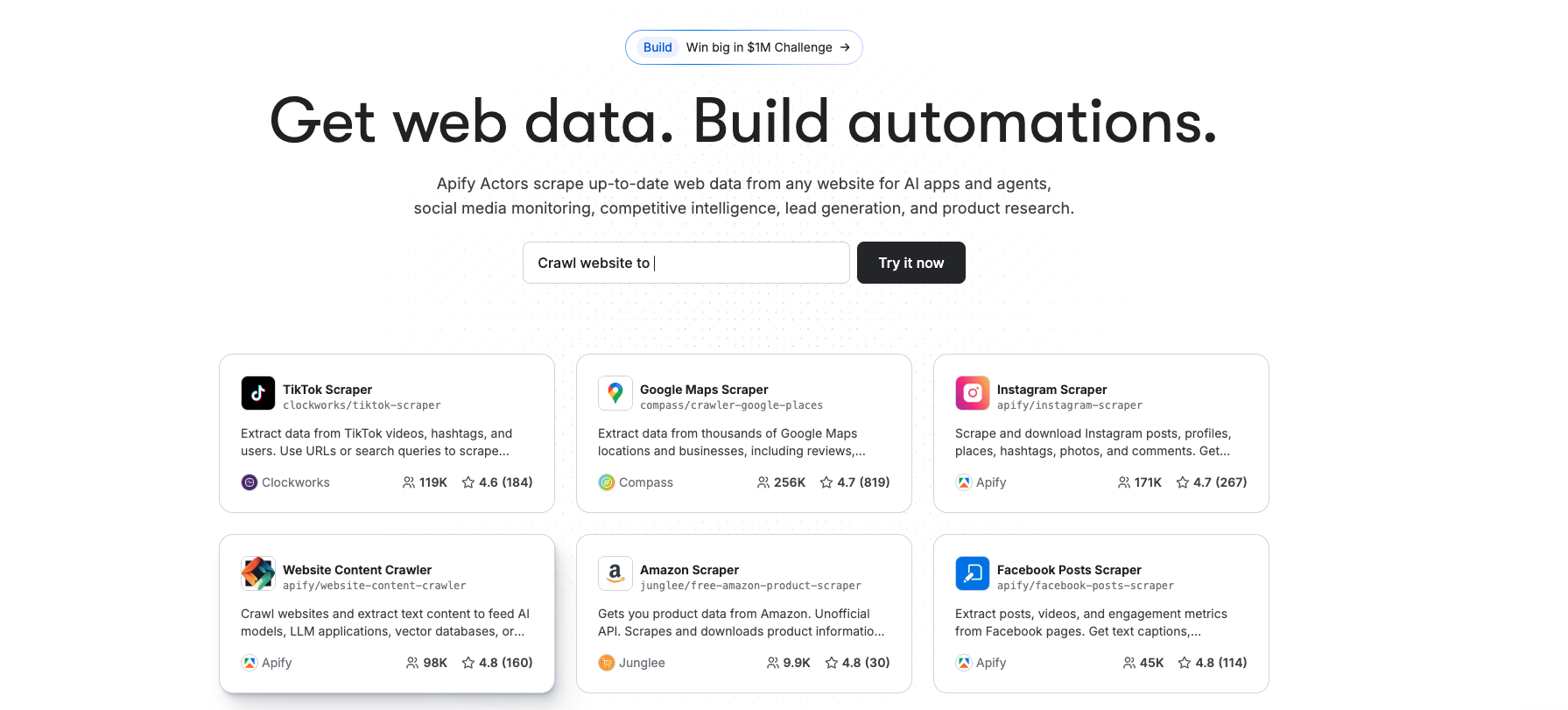 Apify web scraping platform showing various data extraction actors and automation tools