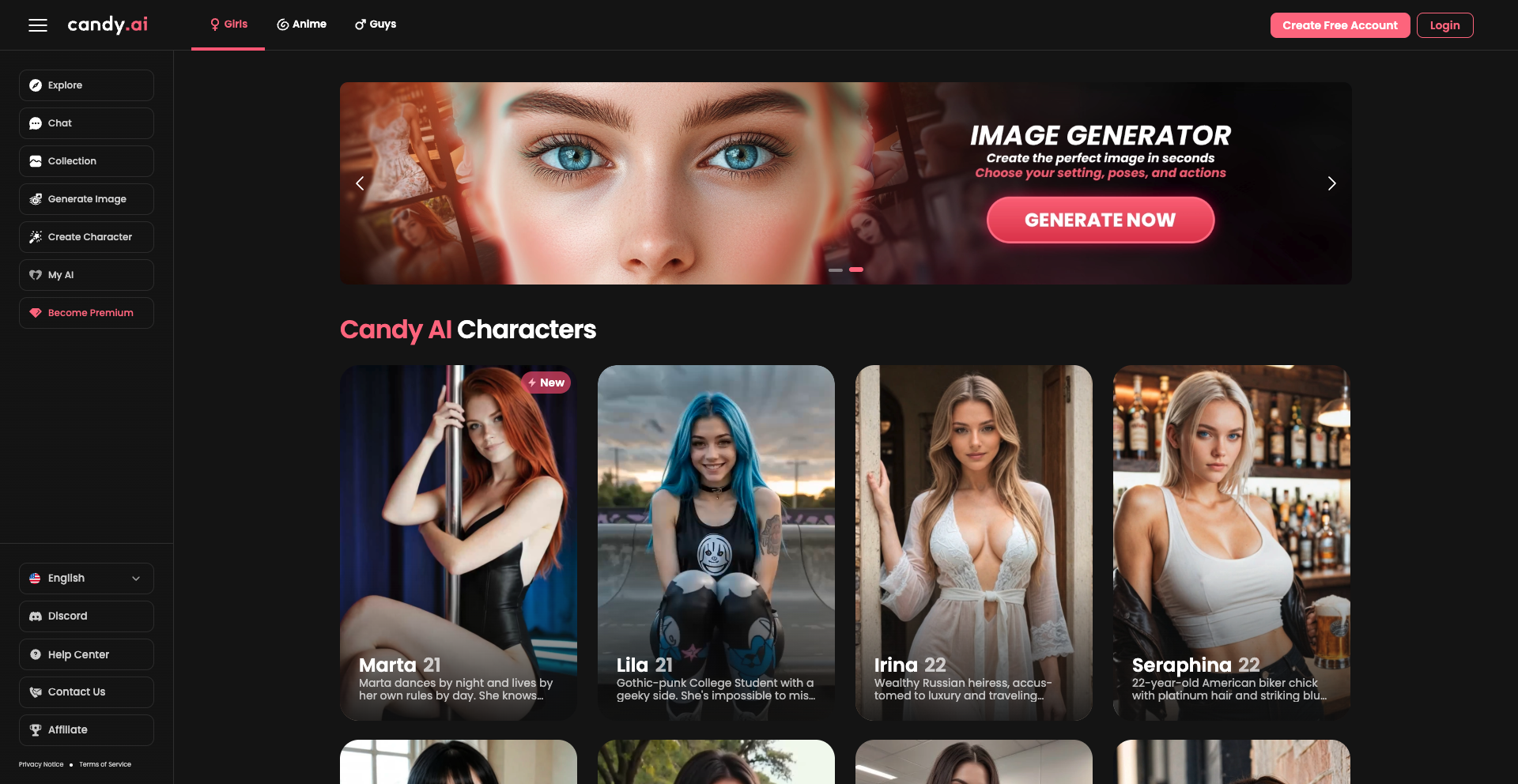 Candy.ai character generation platform interface