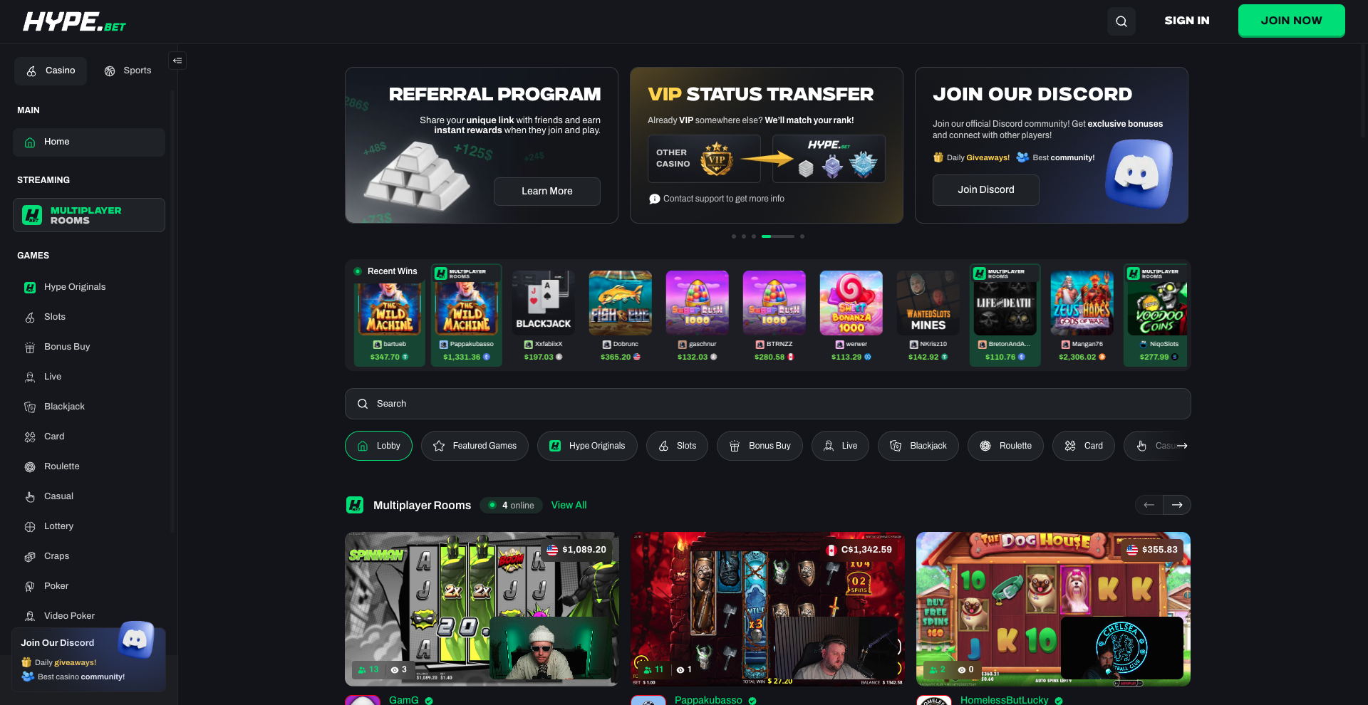 HypeBet casino interface with dark theme, green accents, and gaming promotions