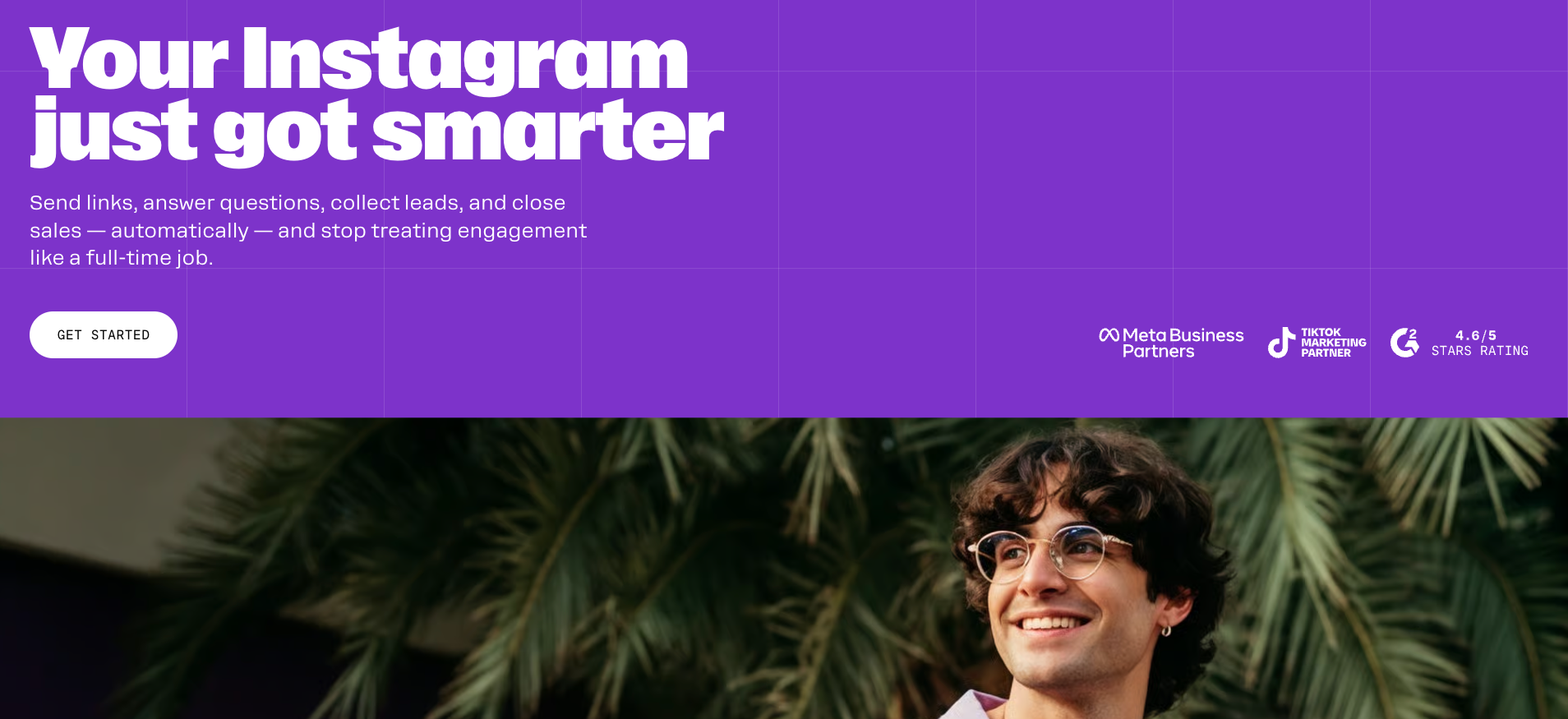 ManyChat Instagram automation platform with purple branding showing smart engagement features