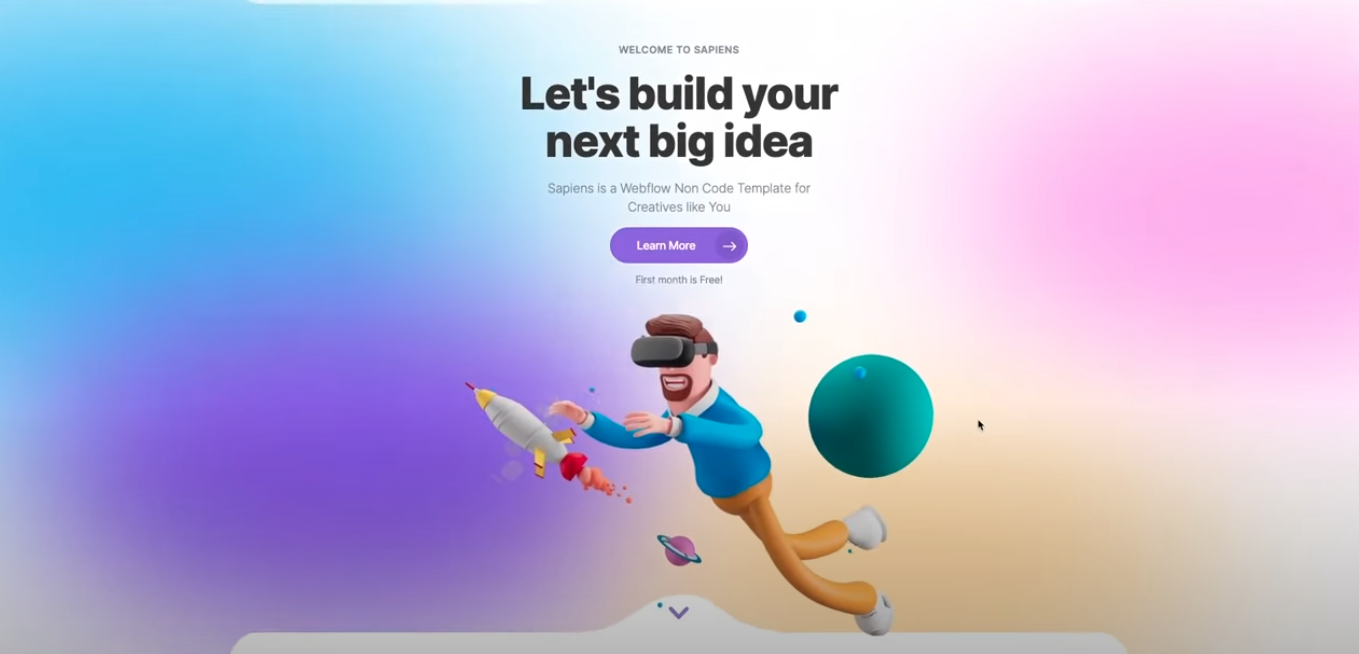 Sapiens Webflow template with colorful 3D character and rocket in gradient background